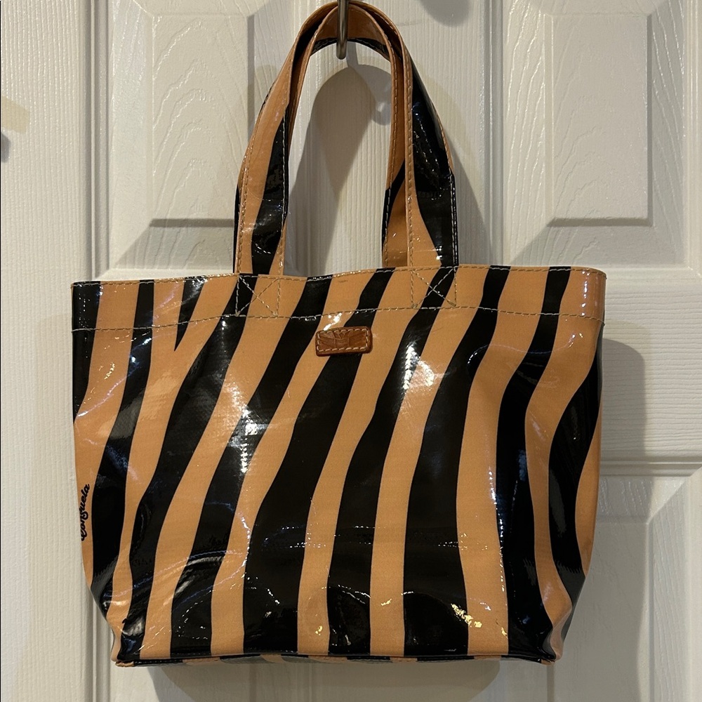 Consuela Black and Tan Striped Patent Tote